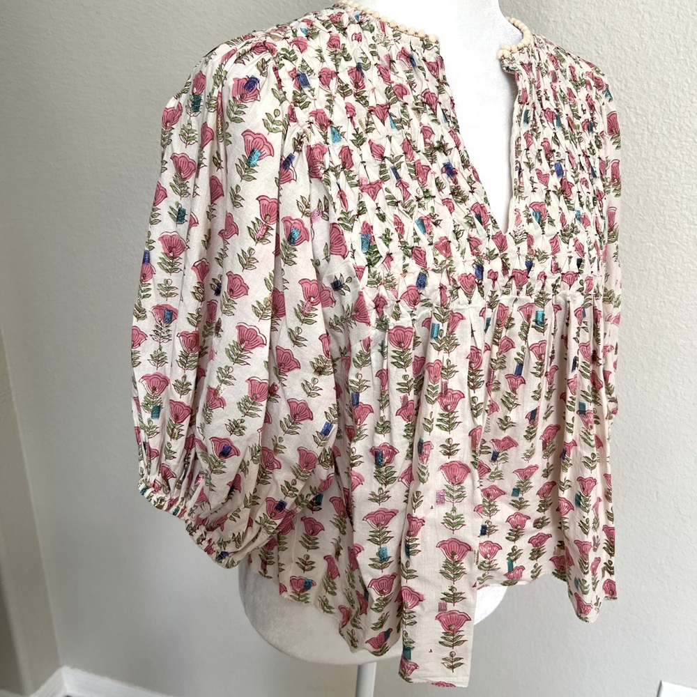 SAYLOR Cream Floral Smocked Peasant Blouse with Pink & Blue Accents